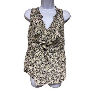 Rebecca Taylor Women's 100% Silk Sleeveless Ruffle Floral Black Gray Blouse 4